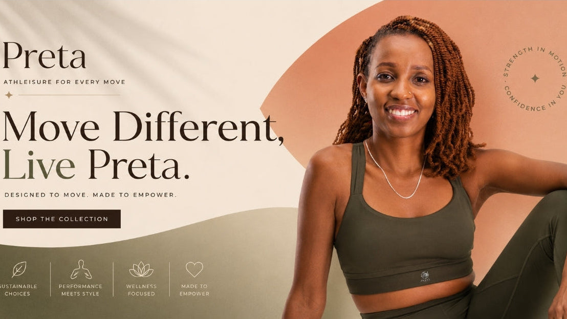 Woman wearing a green sports bra and leggings with 'Preta' branding and text on a beige background.
